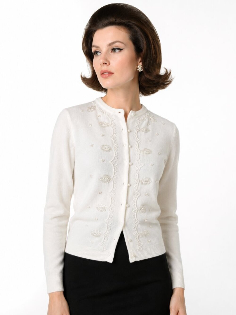 Vintage 60s Sequin Beaded Ivory Cardigan Sweater Small